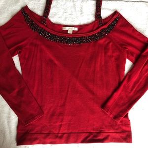 Red beaded boat neck sweater
